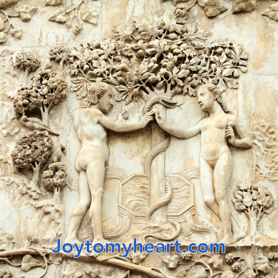 Adam and Eve, the original sin - marble relief on the Orvieto Cathedral facade by Lorenzo Maitani, Umbria, Italy, Europe